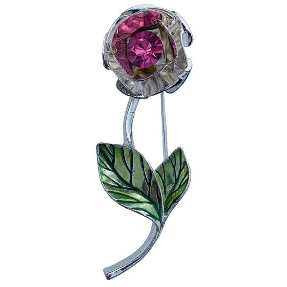 Vintage AVON Pink Shimmer Rhinestone Rose Silver Tone Brooch Pin - Picture 4 of 6